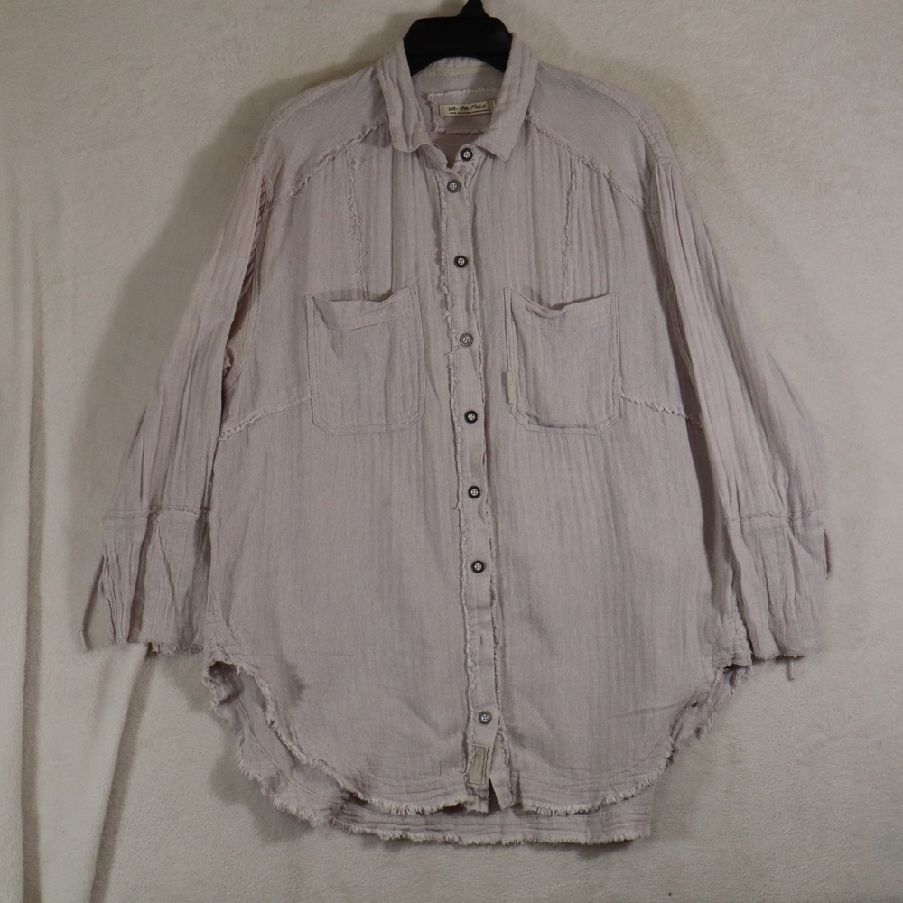 We The Free People Womens L Oversized Distressed Button Down Shirt Boho